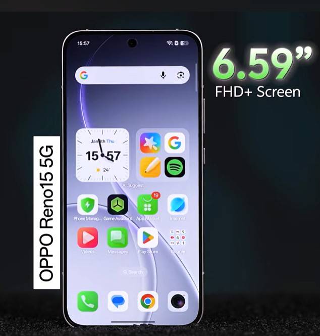 Oppo Reno 15 5G 1.5K FHD+ AMOLED curved display with 120Hz refresh rate.
